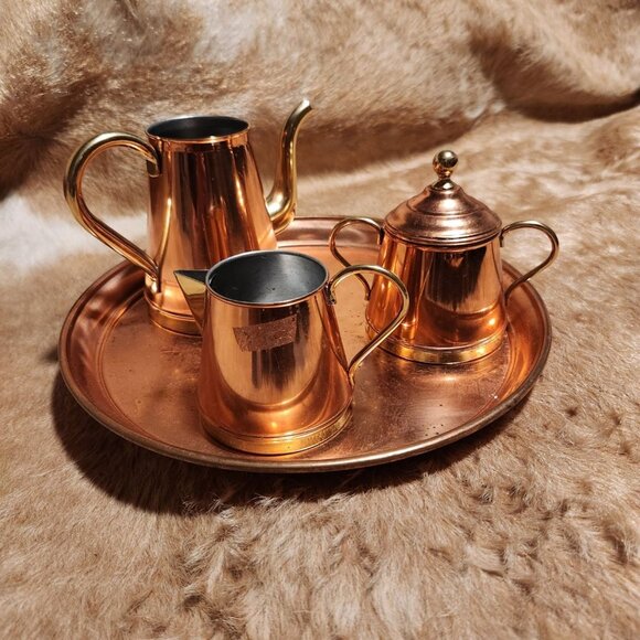 Vintage Copper Gild & Brass Coffee & Tea Set With Tray Made In Belgium - Picture 1 of 8